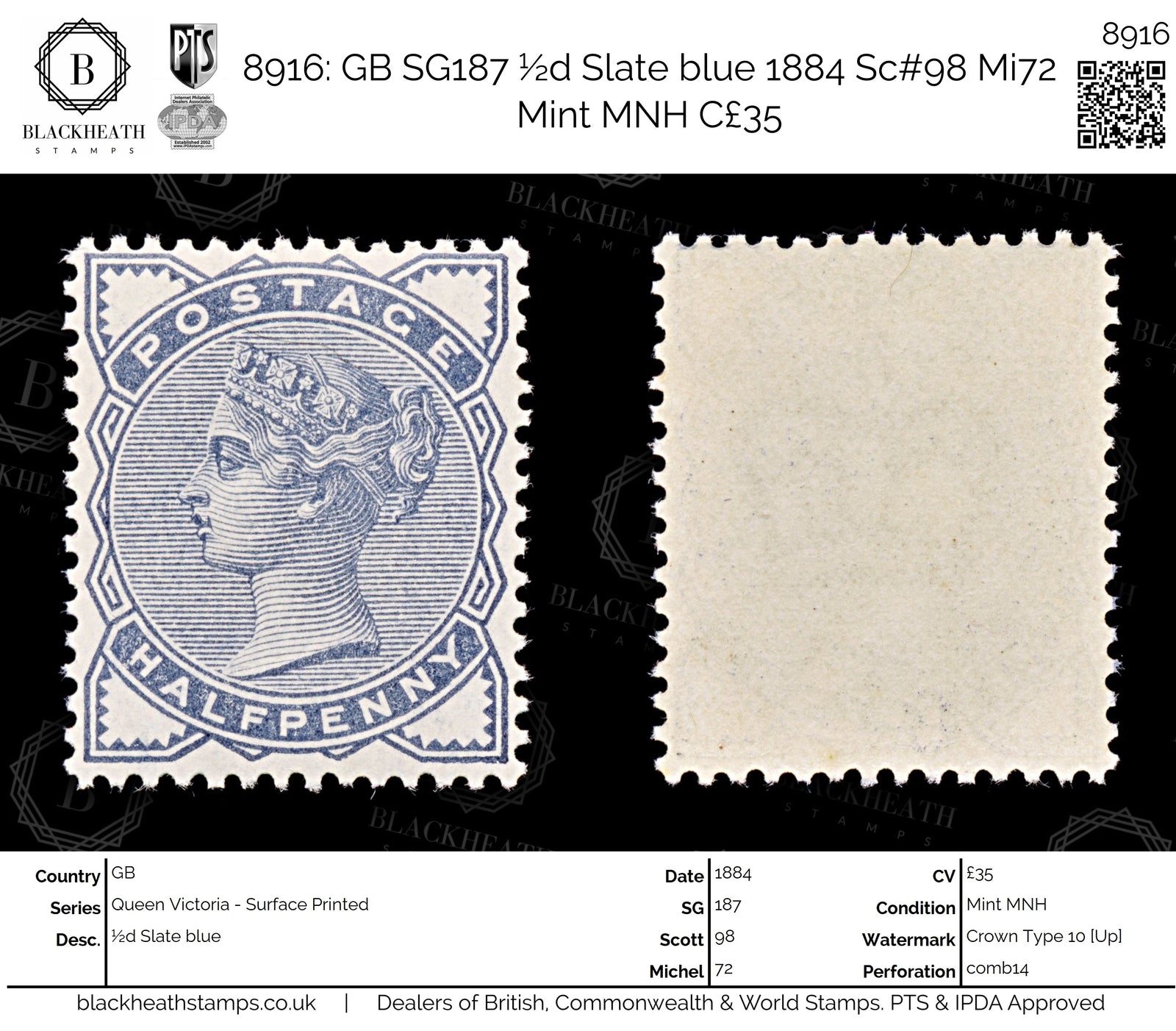 8916: GB SG187 ½d Slate blue 1884 Sc#98 Mi72 Mint MNH C£35
