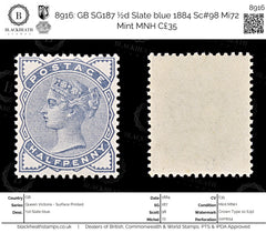 8916: GB SG187 ½d Slate blue 1884 Sc#98 Mi72 Mint MNH C£35, view 1