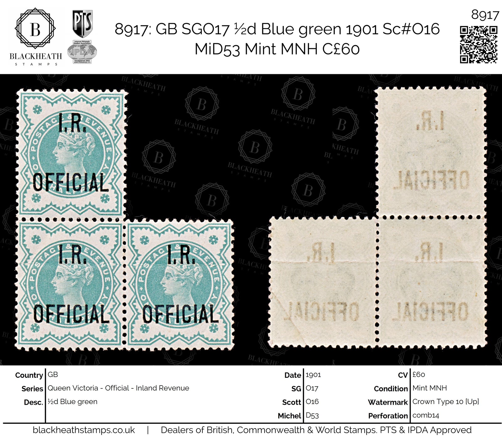 8917: GB SGO17 ½d Blue green 1901 Sc#O16 MiD53 Mint MNH C£60