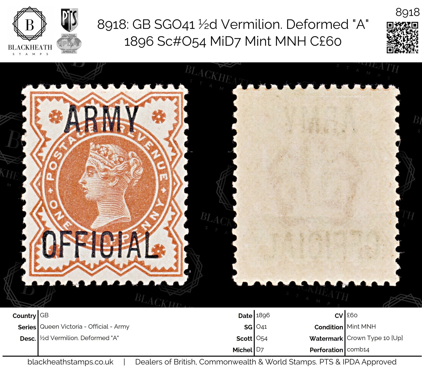 8918: GB SGO41 ½d Vermilion. Deformed "A" 1896 Sc#O54 MiD7 Mint MNH C£60