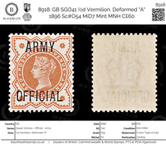 8918: GB SGO41 ½d Vermilion. Deformed "A" 1896 Sc#O54 MiD7 Mint MNH C£60, view 1