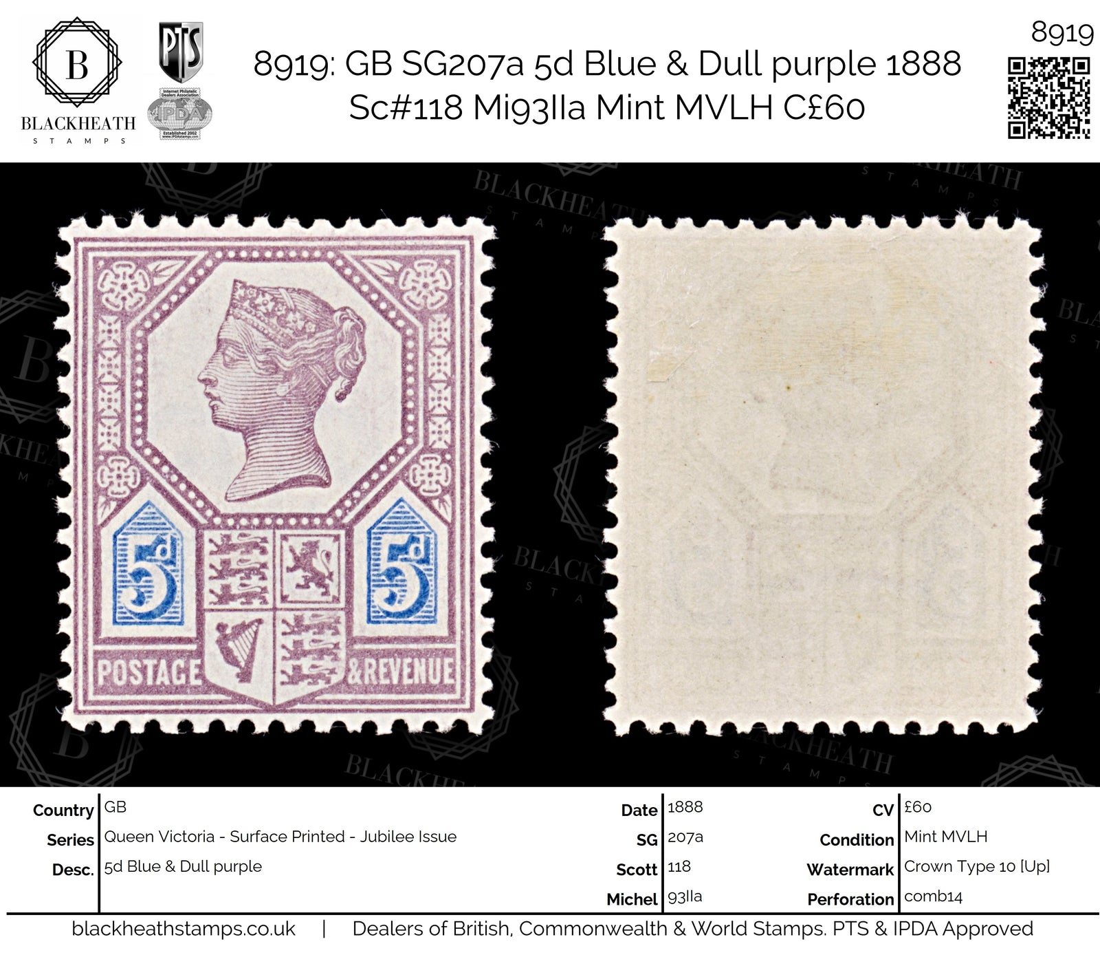 8919: GB SG207a 5d Blue & Dull purple 1888 Sc#118 Mi93IIa Mint MVLH C£60