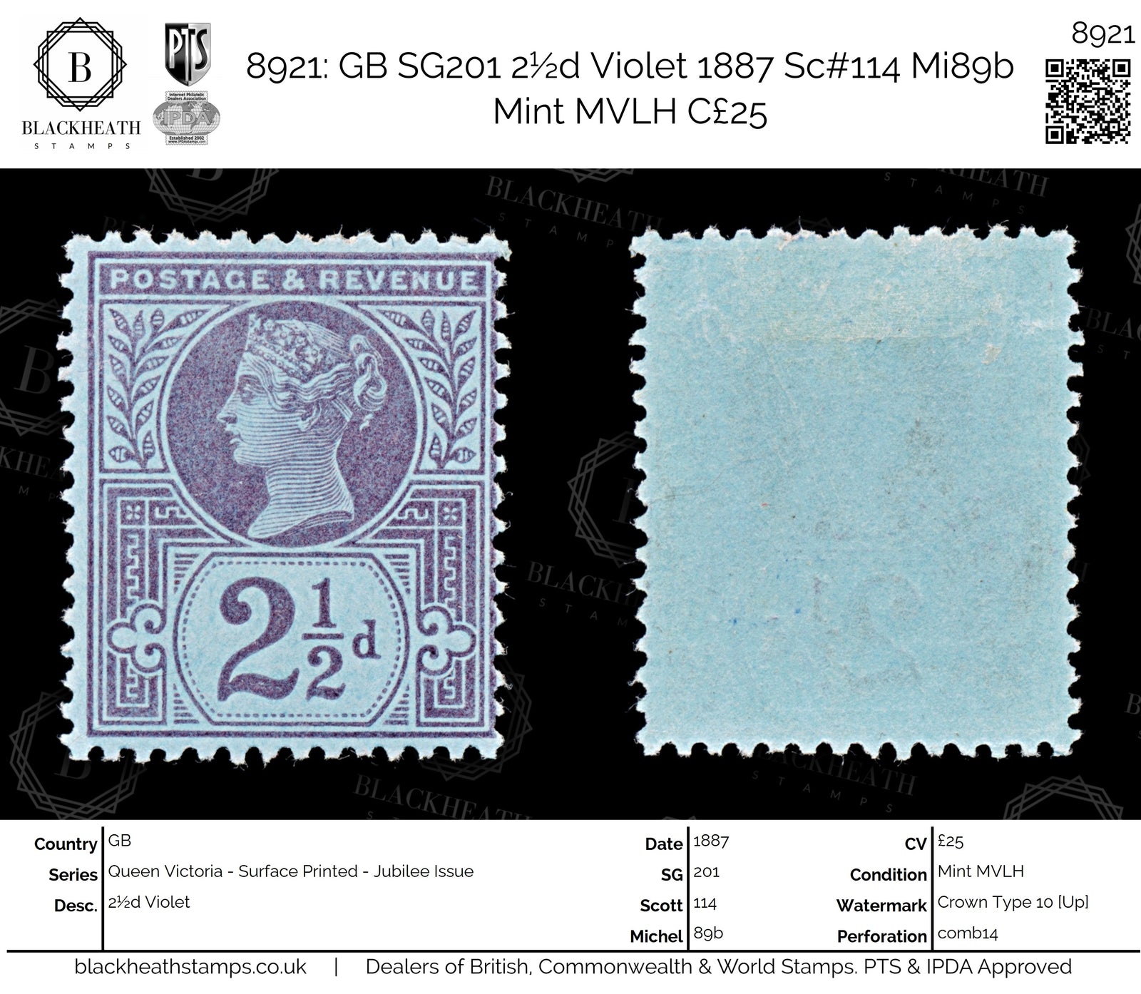 8921: GB SG201 2½d Violet 1887 Sc#114 Mi89b Mint MVLH C£25