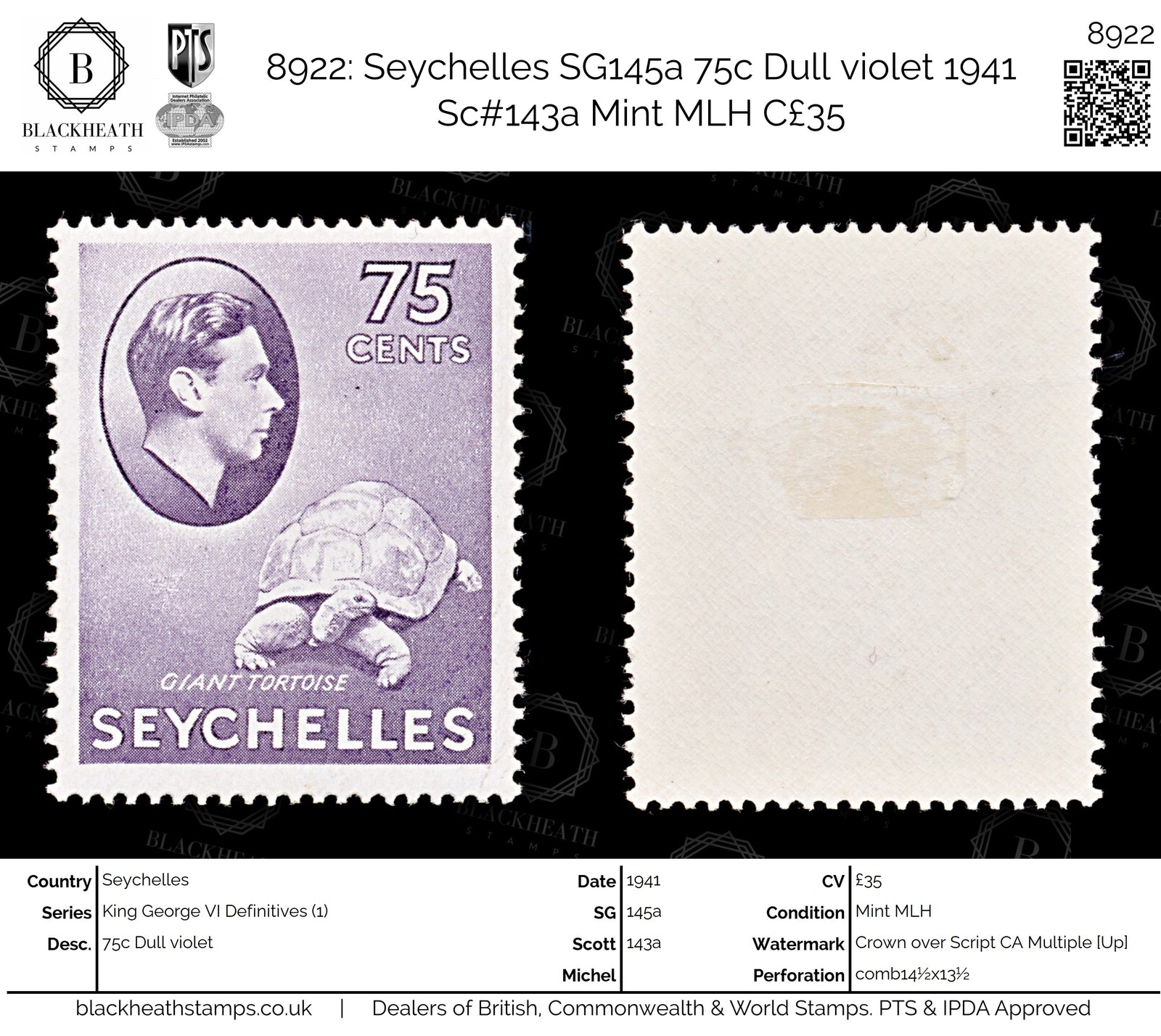 8922: Seychelles SG145a 75c Dull violet 1941 Sc#143a Mint MLH C£35