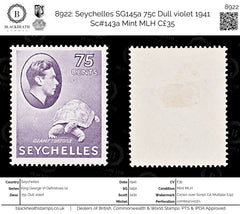8922: Seychelles SG145a 75c Dull violet 1941 Sc#143a Mint MLH C£35, view 1