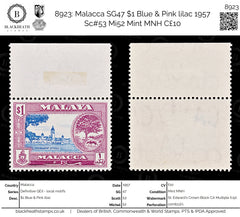 8923: Malacca SG47 $1 Blue & Pink lilac 1957 Sc#53 Mi52 Mint MNH C£10, view 1
