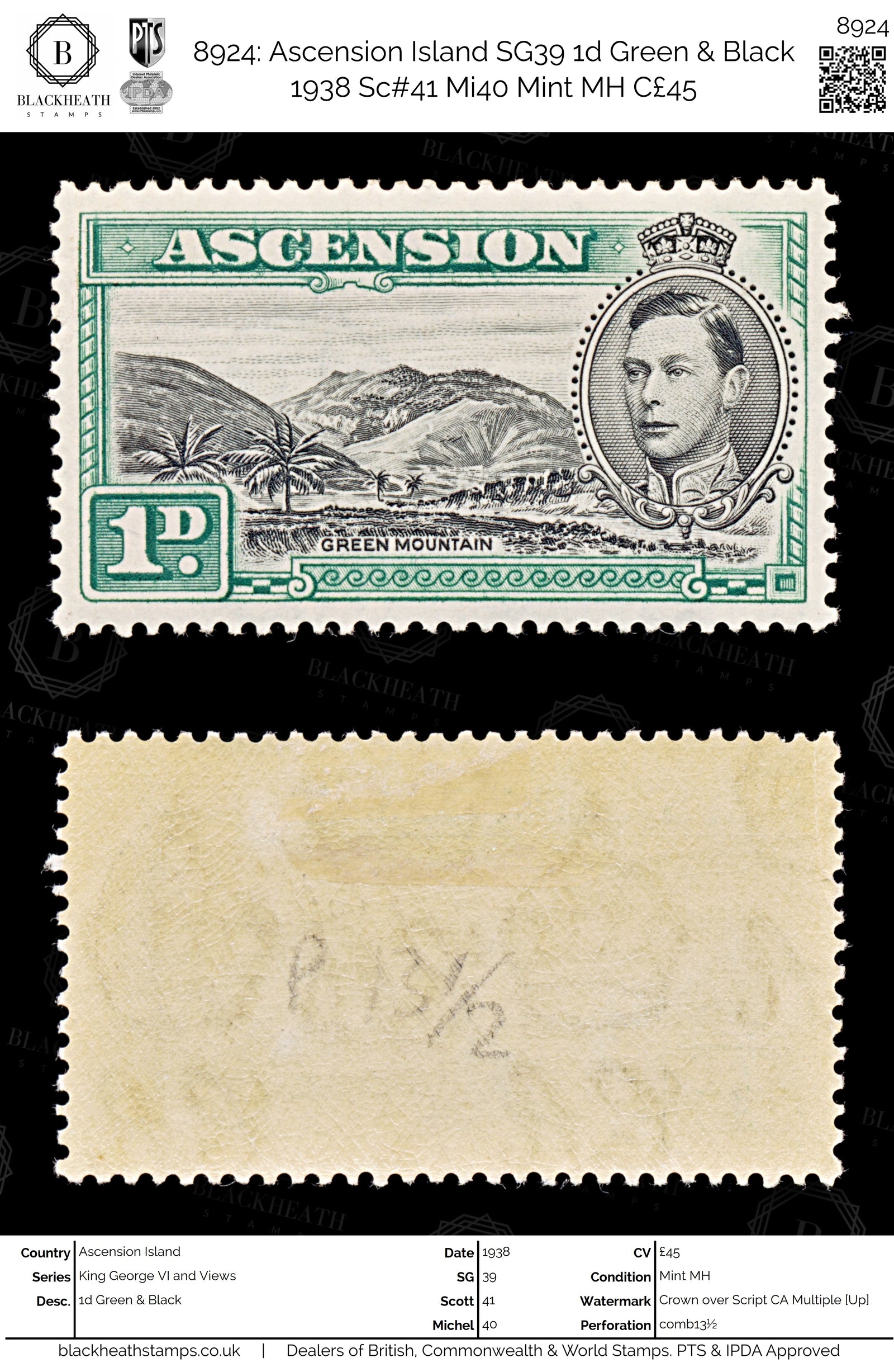 8924: Ascension Island SG39 1d Green & Black 1938 Sc#41 Mi40 Mint MH C£45