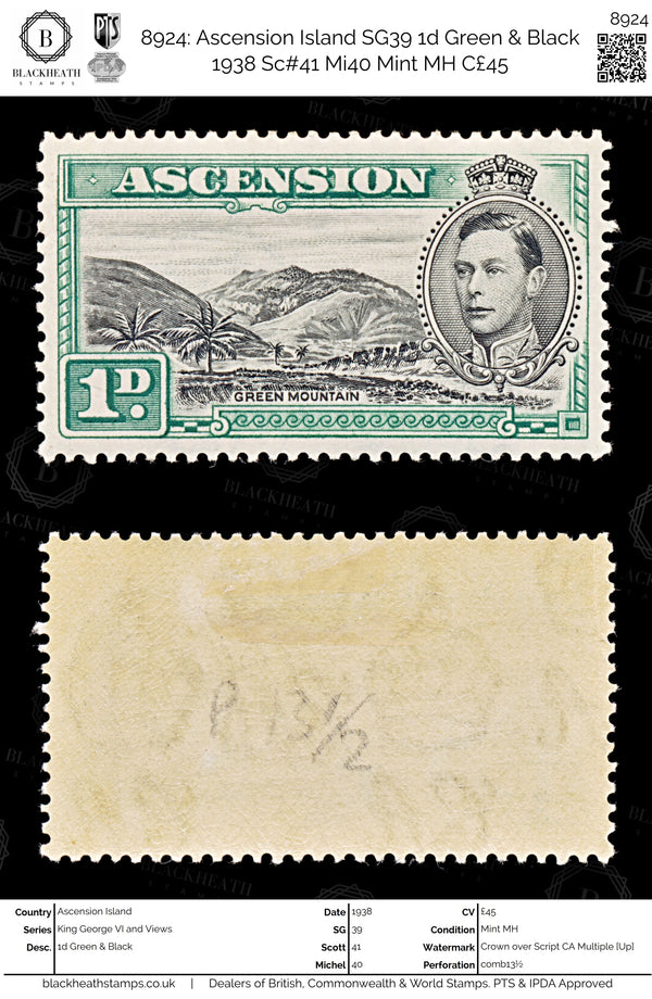 8924: Ascension Island SG39 1d Green & Black 1938 Sc#41 Mi40 Mint MH C£45