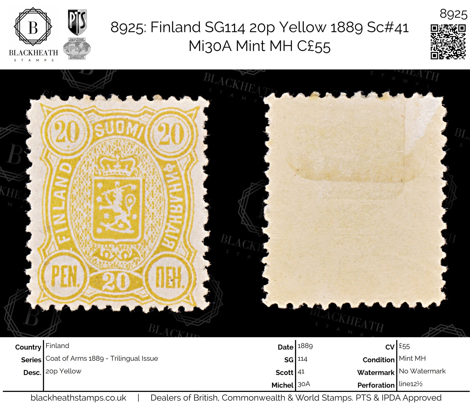 8925: Finland SG114 20p Yellow 1889 Sc#41 Mi30A Mint MH C£55