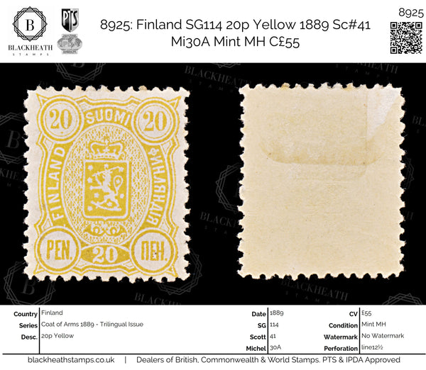 8925: Finland SG114 20p Yellow 1889 Sc#41 Mi30A Mint MH C£55