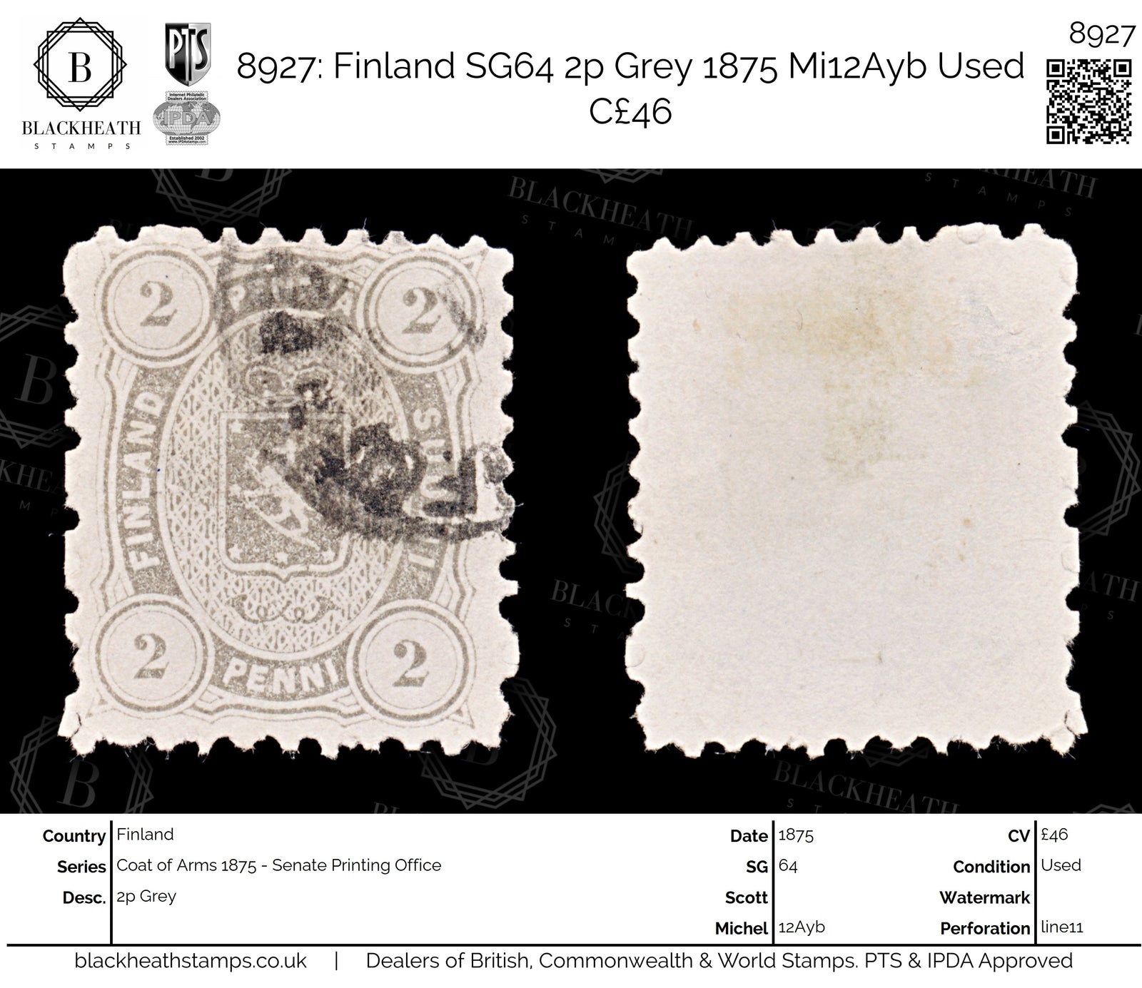 8927: Finland SG64 2p Grey 1875 Mi12Ayb Used C£46