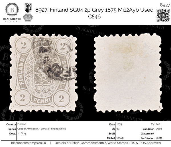 8927: Finland SG64 2p Grey 1875 Mi12Ayb Used C£46