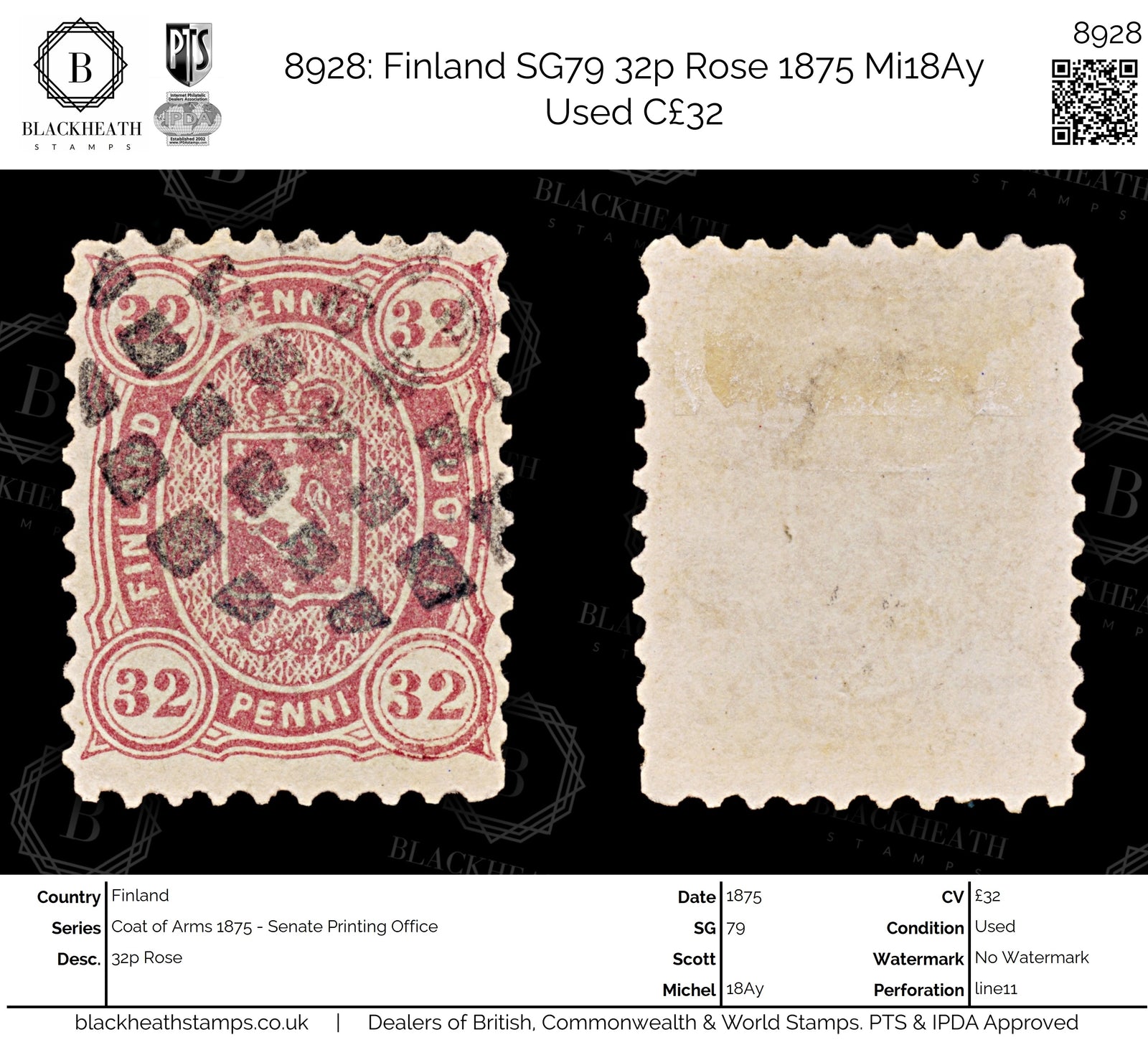 8928: Finland SG79 32p Rose 1875 Mi18Ay Used C£32
