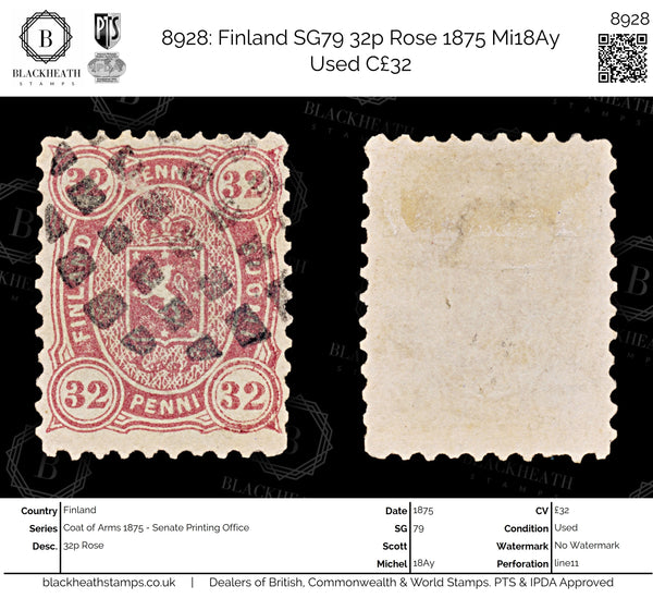 8928: Finland SG79 32p Rose 1875 Mi18Ay Used C£32