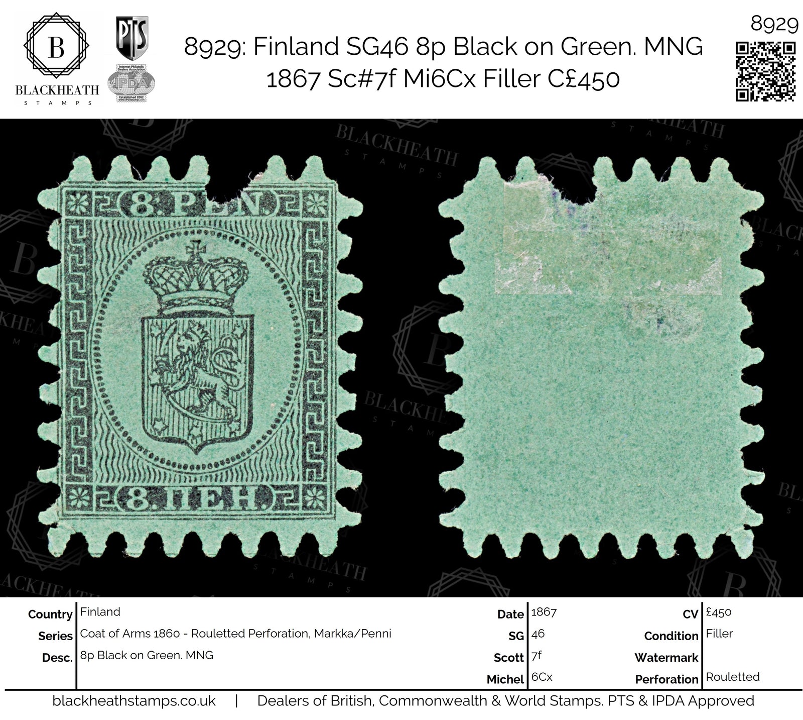 8929: Finland SG46 8p Black on Green. MNG 1867 Sc#7f Mi6Cx Filler C£450