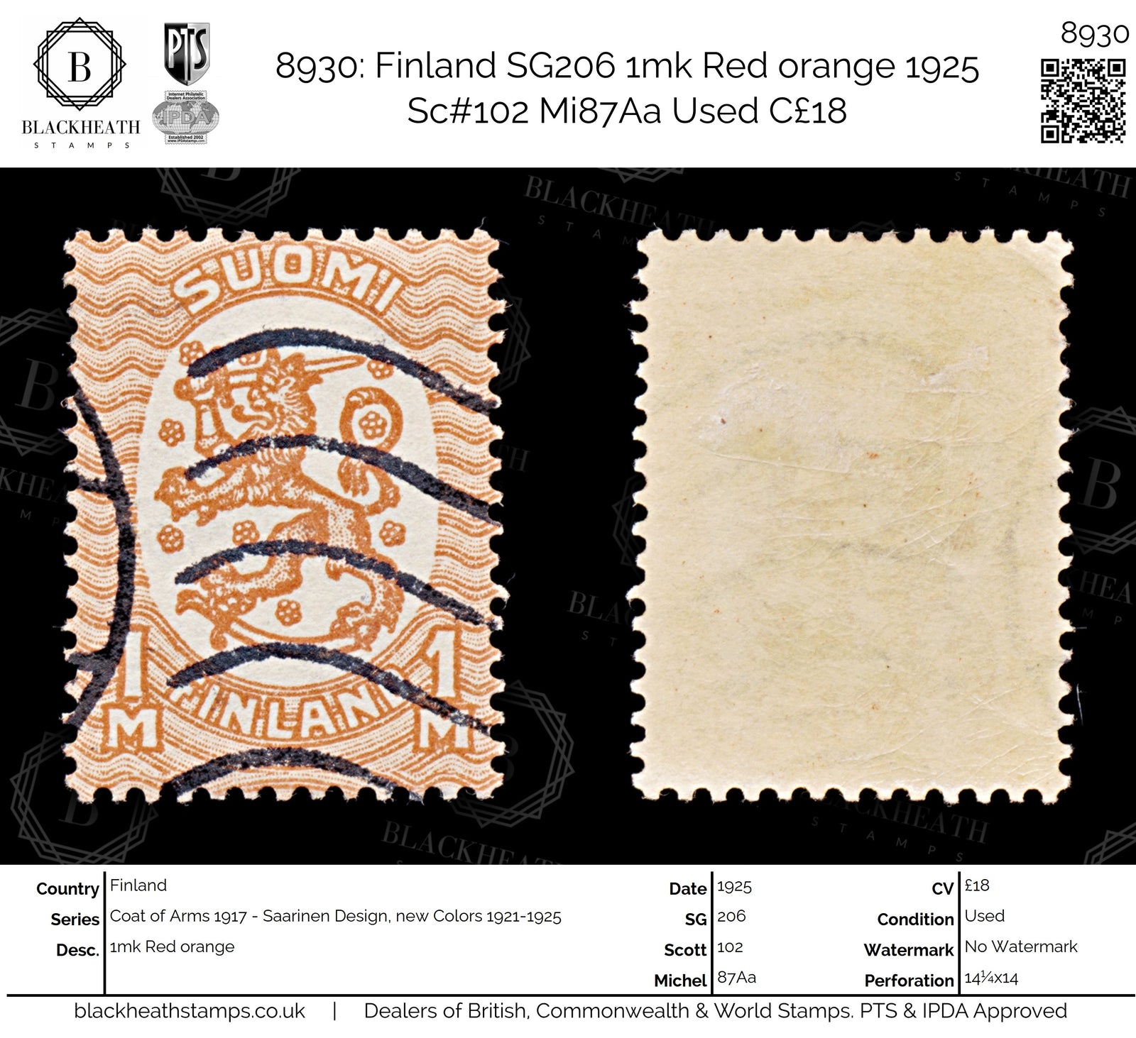 8930: Finland SG206 1mk Red orange 1925 Sc#102 Mi87Aa Used C£18