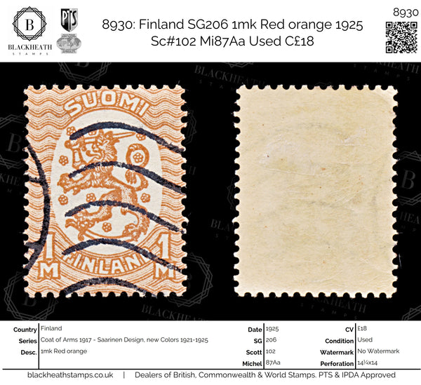8930: Finland SG206 1mk Red orange 1925 Sc#102 Mi87Aa Used C£18