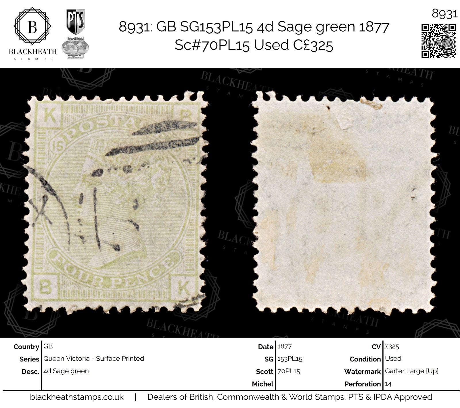 8931: GB SG153PL15 4d Sage green 1877 Sc#70PL15 Used C£325