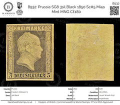 8932: Prussia SG8 3sil Black 1850 Sc#5 Mi4a Mint MNG C£180, view 1