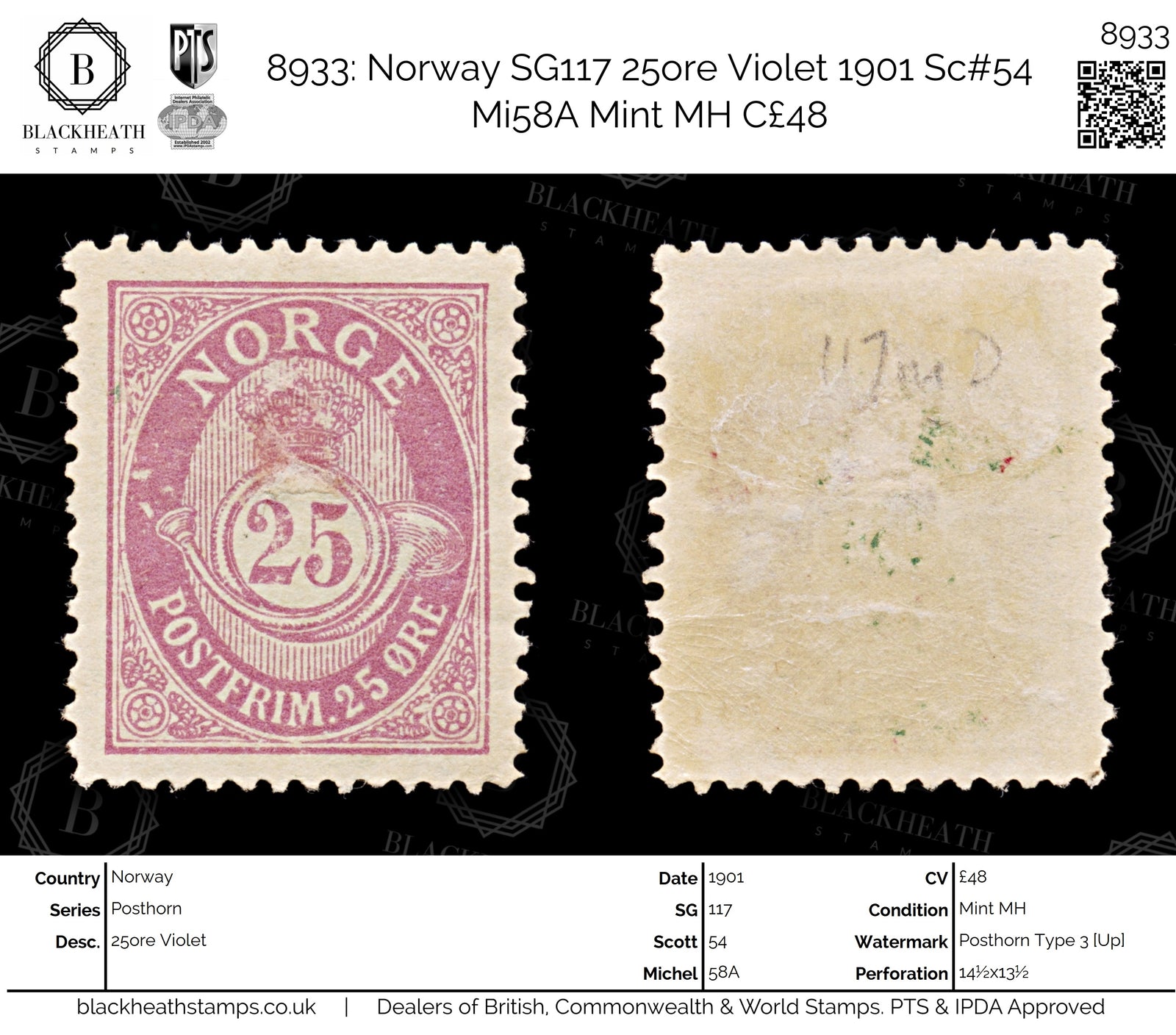 8933: Norway SG117 25ore Violet 1901 Sc#54 Mi58A Mint MH C£48