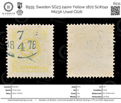 8935: Sweden SG23 24ore Yellow 1872 Sc#24a Mi23A Used C£26, view 1