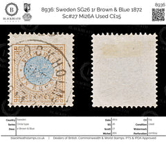 8936: Sweden SG26 1r Brown & Blue 1872 Sc#27 Mi26A Used C£15, view 1