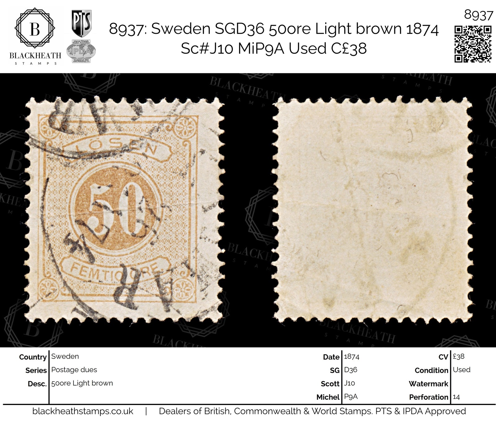 8937: Sweden SGD36 50ore Light brown 1874 Sc#J10 MiP9A Used C£38