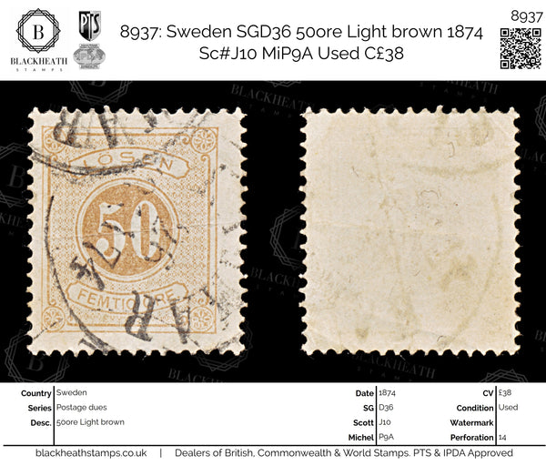 8937: Sweden SGD36 50ore Light brown 1874 Sc#J10 MiP9A Used C£38