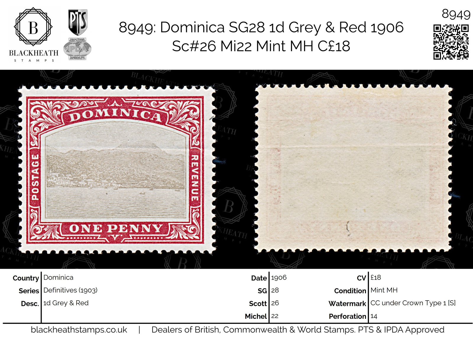 8949: Dominica SG28 1d Grey &  Red 1906 Sc#26 Mi22 Mint MH C£18