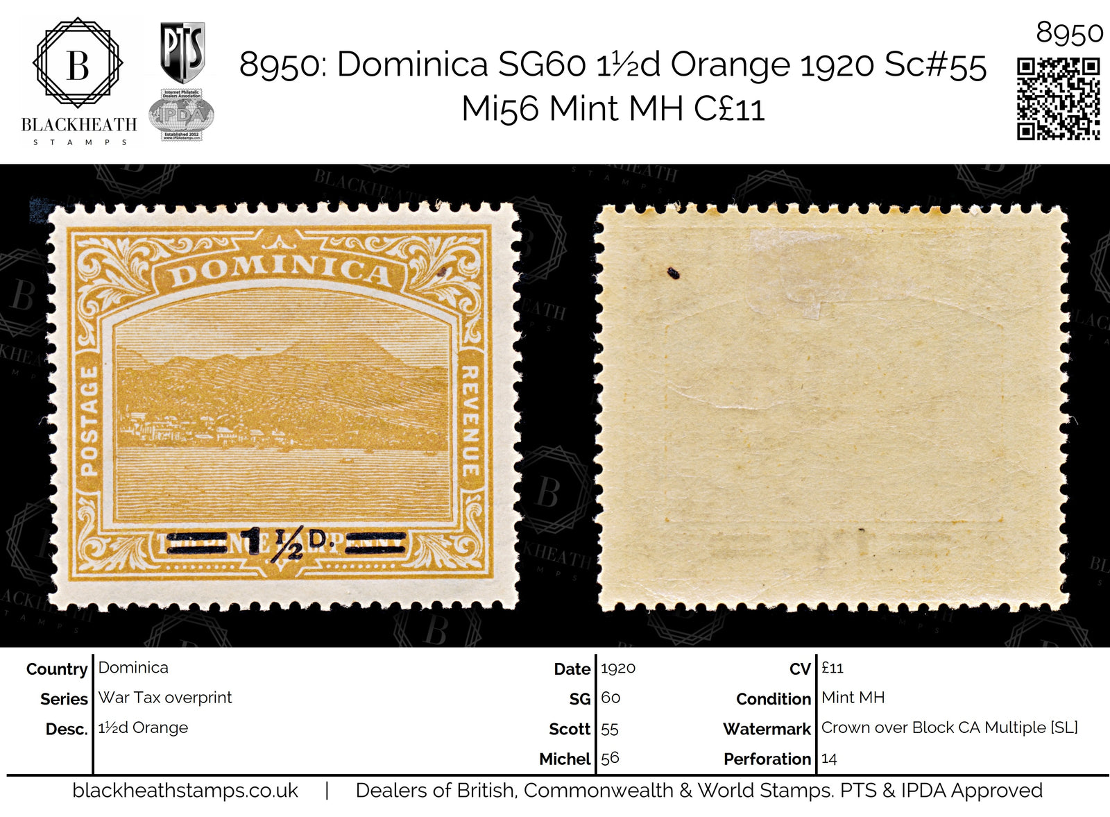 8950: Dominica SG60 1½d Orange 1920 Sc#55 Mi56 Mint MH C£11