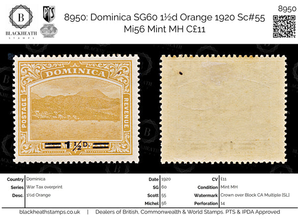 8950: Dominica SG60 1½d Orange 1920 Sc#55 Mi56 Mint MH C£11