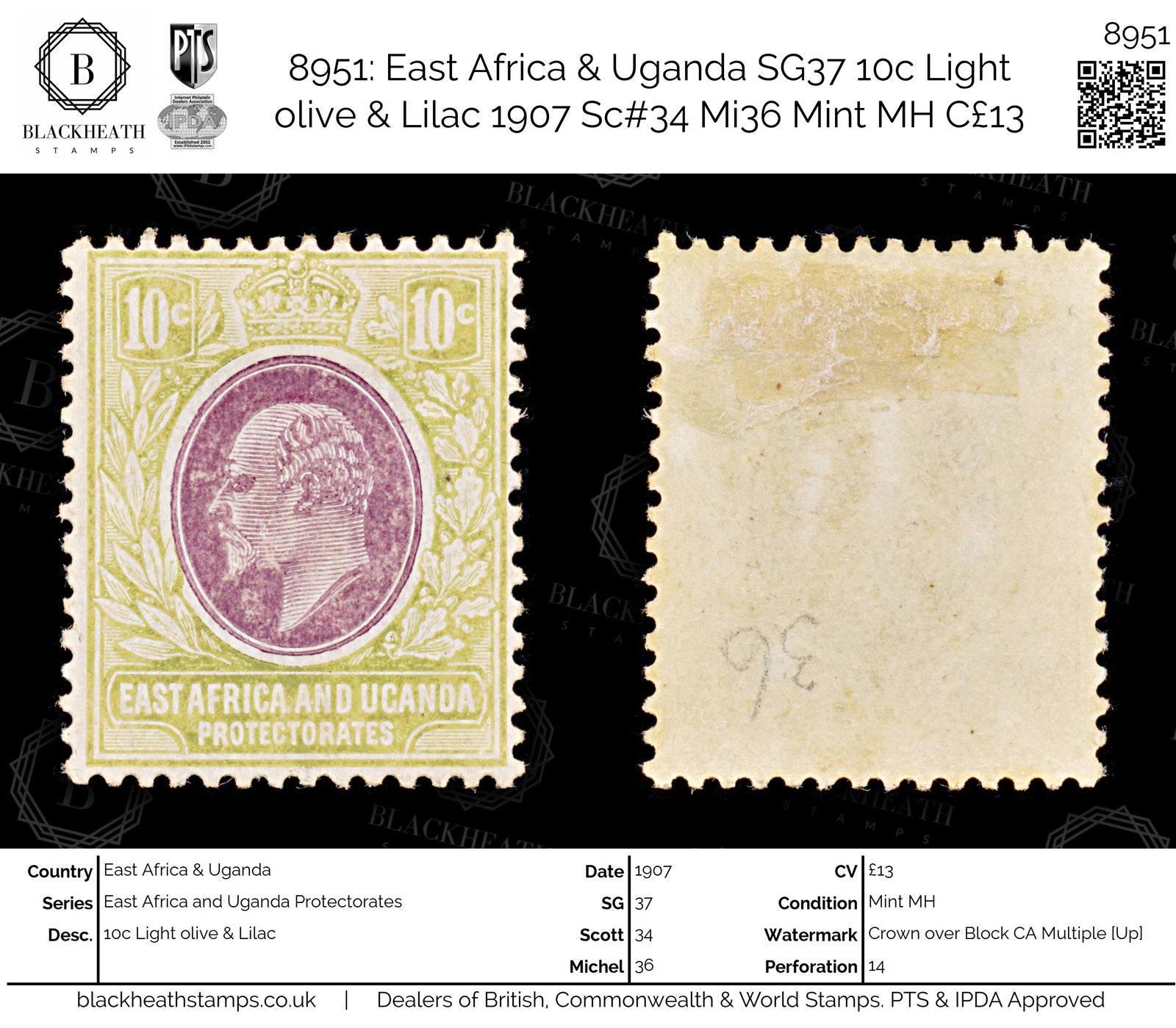 8951: East Africa & Uganda SG37 10c Light olive &  Lilac 1907 Sc#34 Mi36 Mint MH C£13