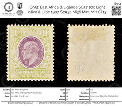 8951: East Africa & Uganda SG37 10c Light olive &  Lilac 1907 Sc#34 Mi36 Mint MH C£13, view 1