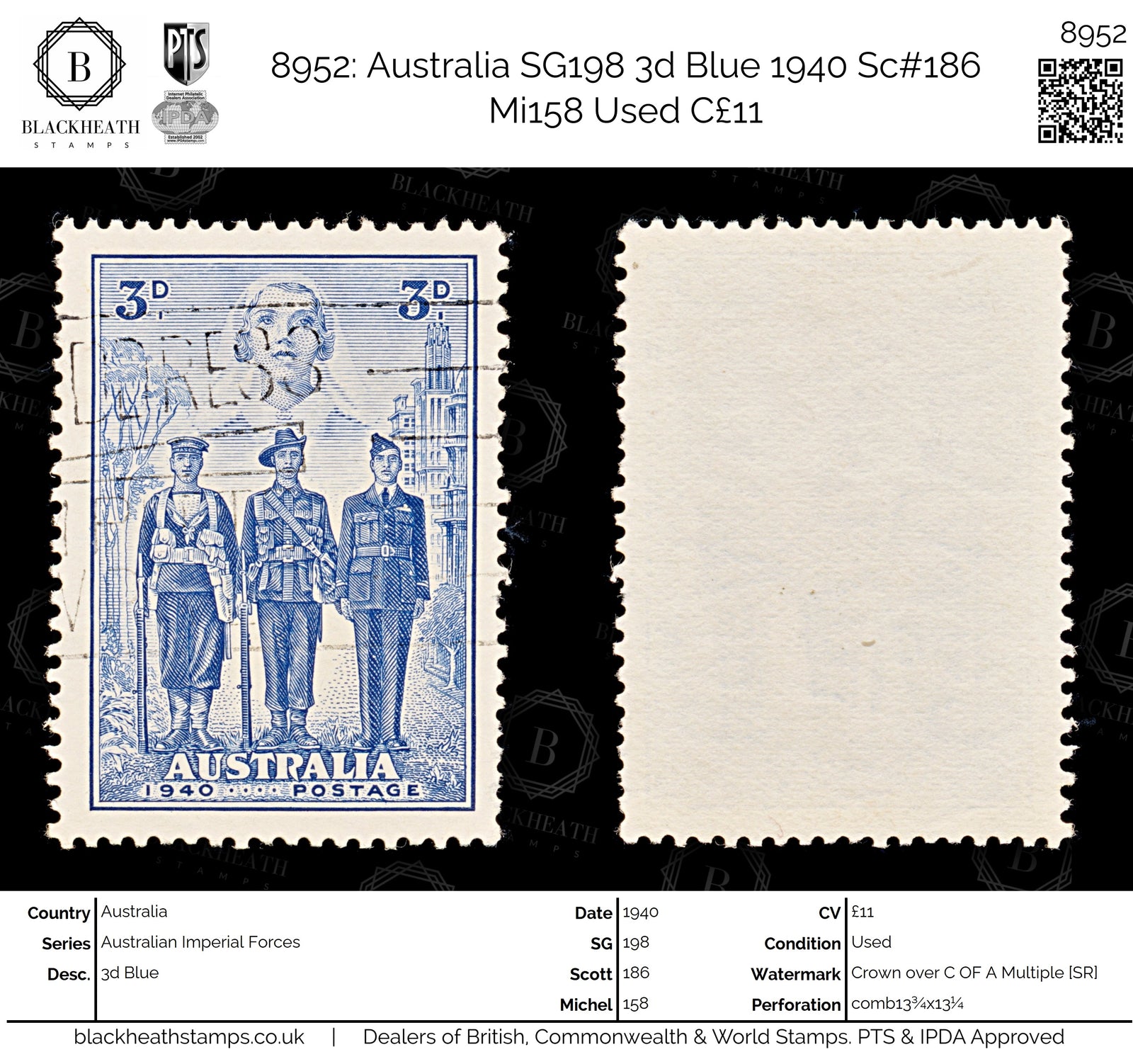 8952: Australia SG198 3d Blue 1940 Sc#186 Mi158 Used C£11