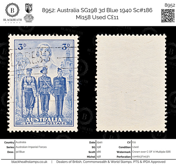 8952: Australia SG198 3d Blue 1940 Sc#186 Mi158 Used C£11