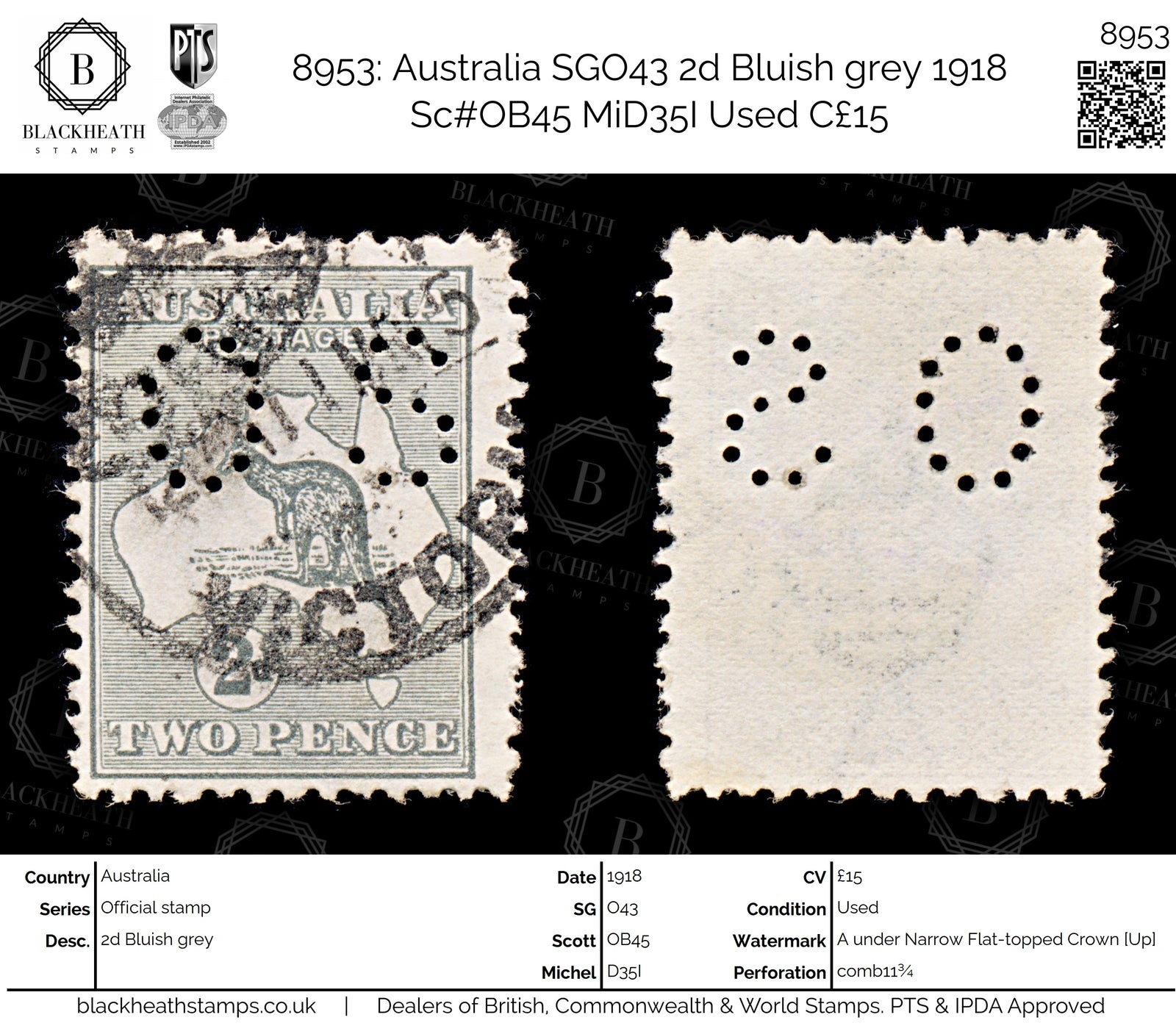 8953: Australia SGO43 2d Bluish grey 1918 Sc#OB45 MiD35I Used C£15