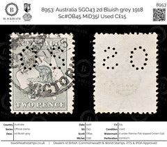 8953: Australia SGO43 2d Bluish grey 1918 Sc#OB45 MiD35I Used C£15, view 1