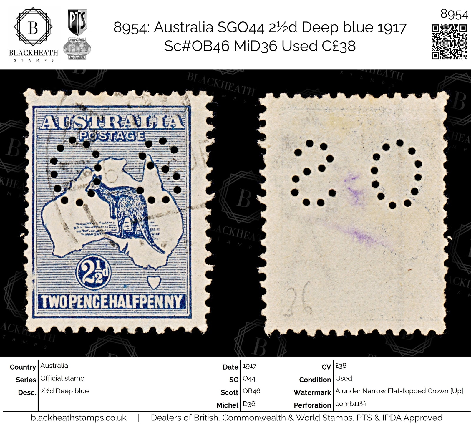 8954: Australia SGO44 2½d Deep blue 1917 Sc#OB46 MiD36 Used C£38