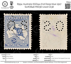 8954: Australia SGO44 2½d Deep blue 1917 Sc#OB46 MiD36 Used C£38, view 1