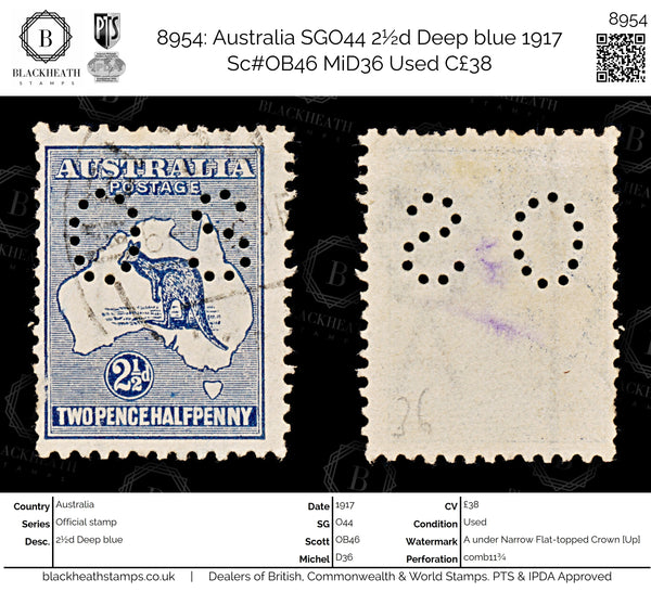8954: Australia SGO44 2½d Deep blue 1917 Sc#OB46 MiD36 Used C£38