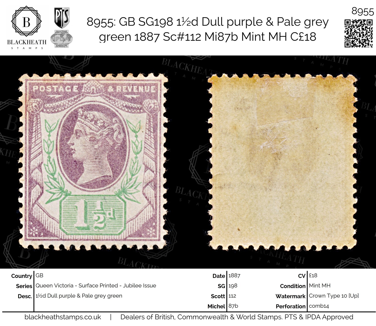 8955: GB SG198 1½d Dull purple & Pale grey green 1887 Sc#112 Mi87b Mint MH C£18