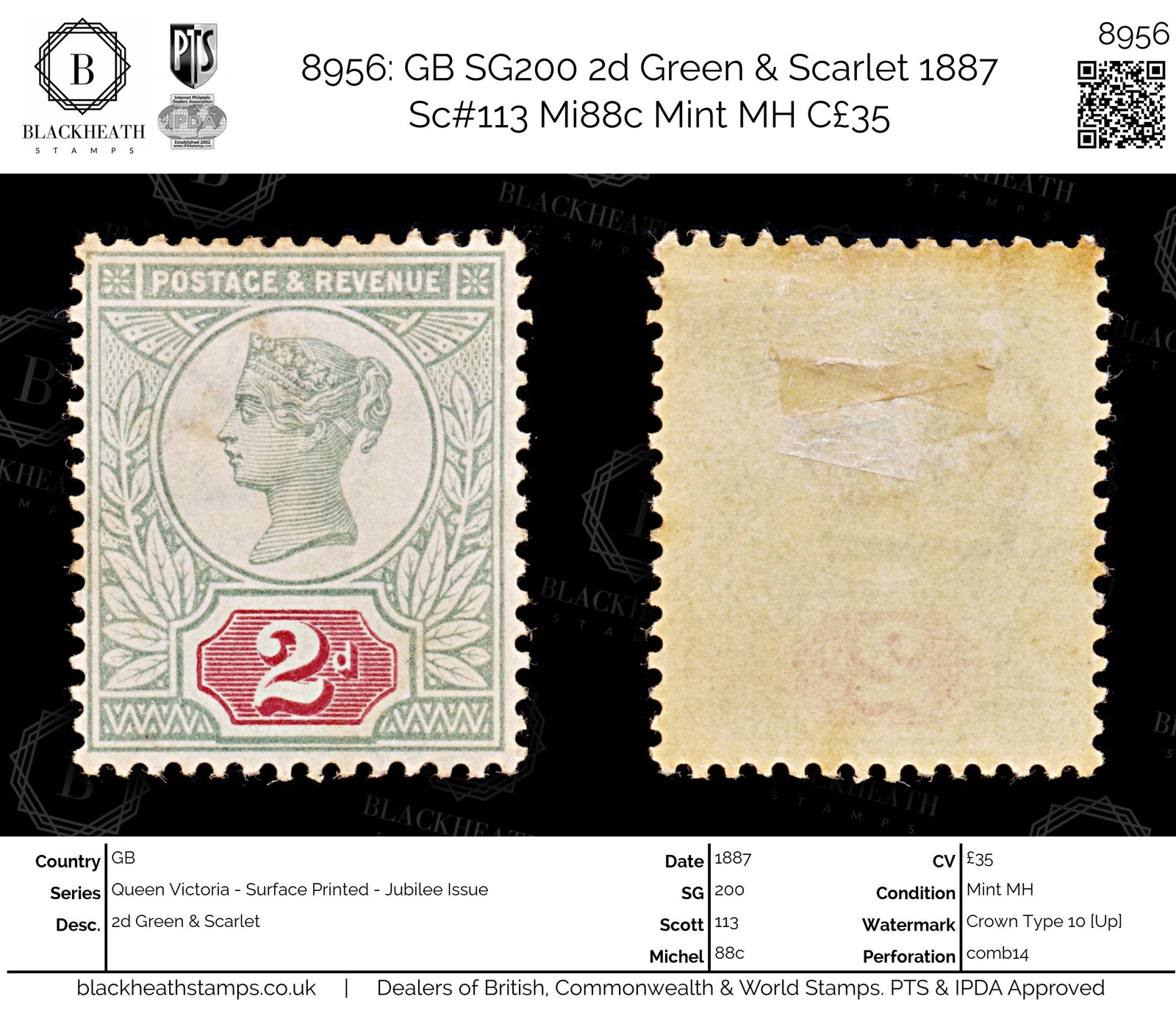 8956: GB SG200 2d Green &  Scarlet 1887 Sc#113 Mi88c Mint MH C£35