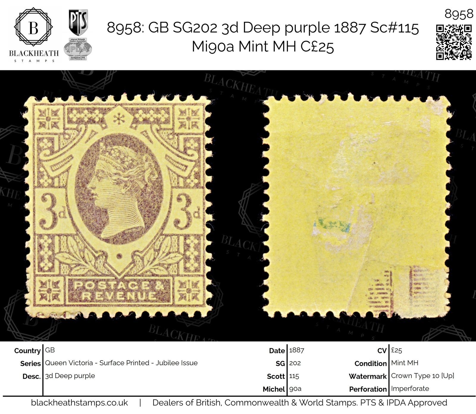 8958: GB SG202 3d Deep purple 1887 Sc#115 Mi90a Mint MH C£25