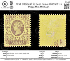 8958: GB SG202 3d Deep purple 1887 Sc#115 Mi90a Mint MH C£25, view 1