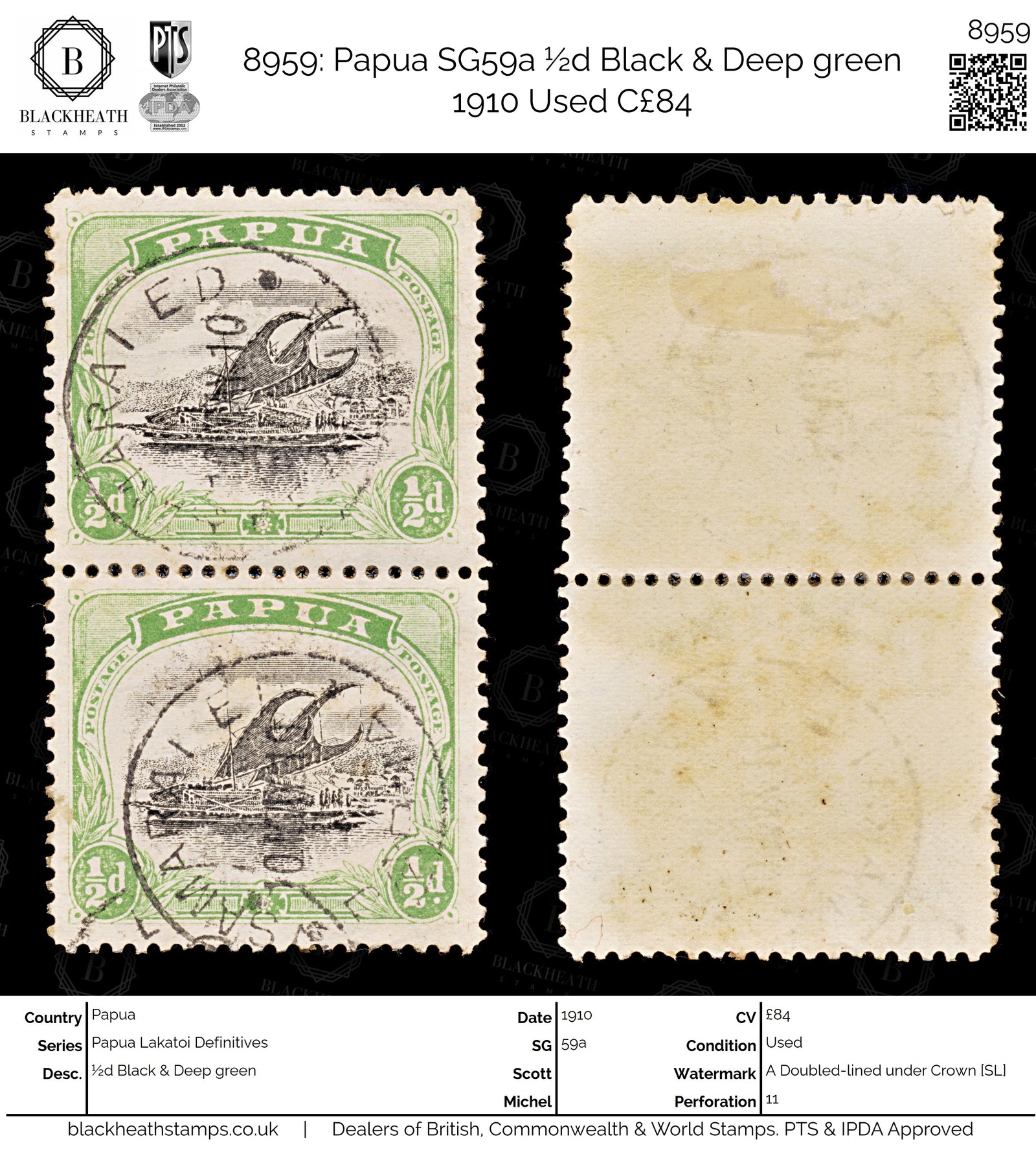 8959: Papua SG59a ½d Black &  Deep green 1910 Used C£84