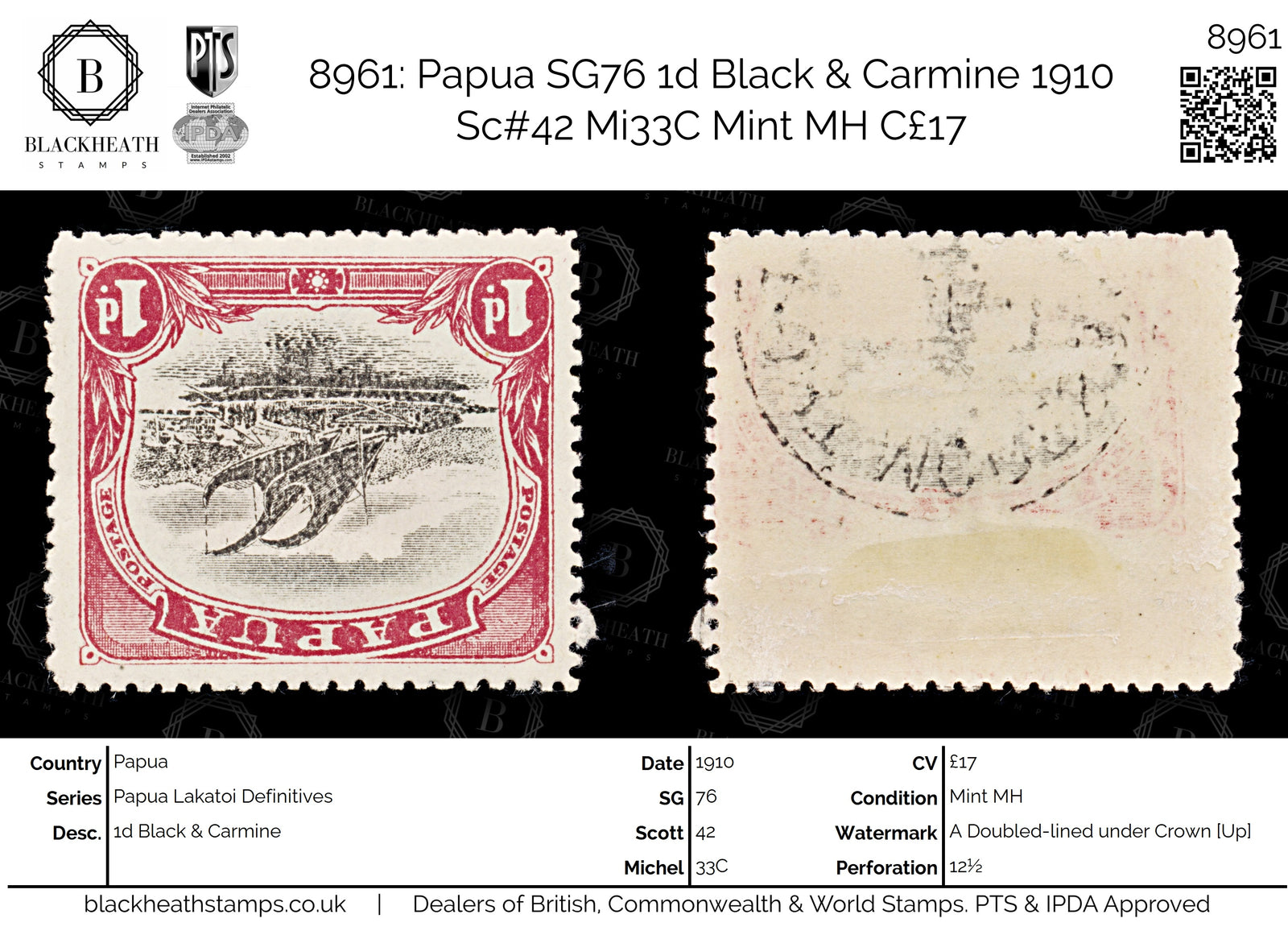 8961: Papua SG76 1d Black &  Carmine 1910 Sc#42 Mi33C Mint MH C£17