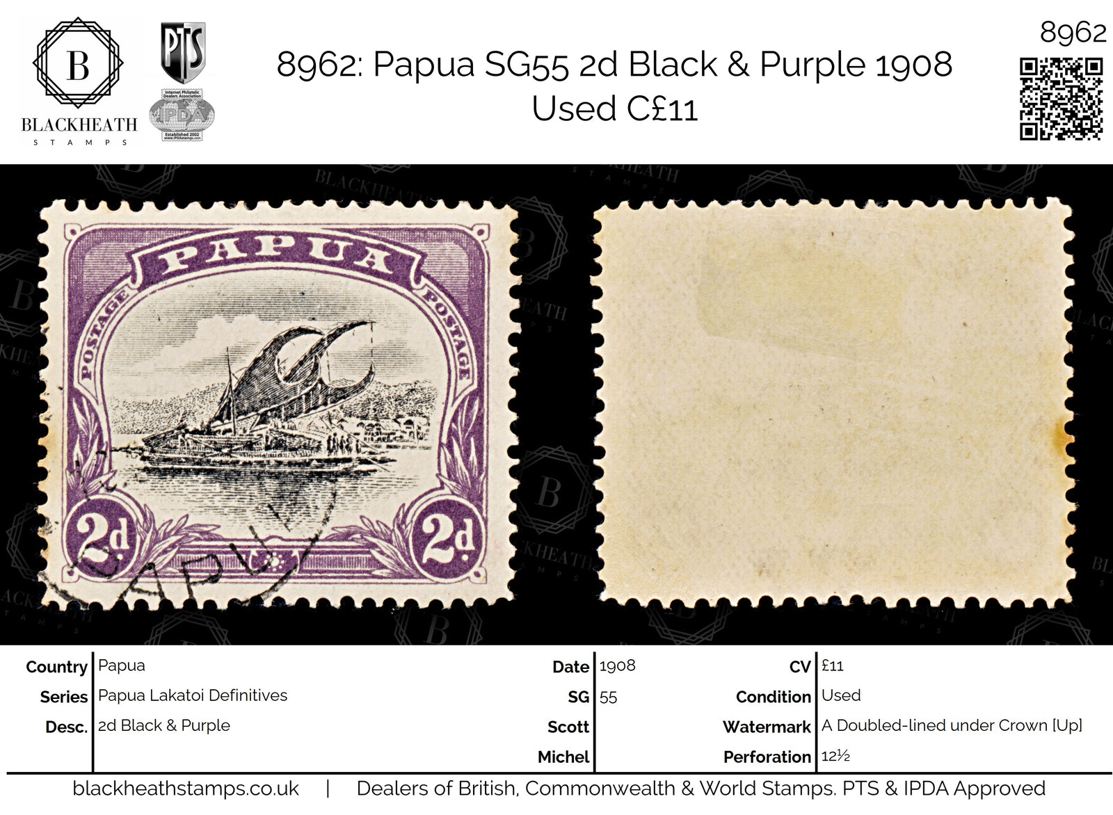 8962: Papua SG55 2d Black &  Purple 1908 Used C£11