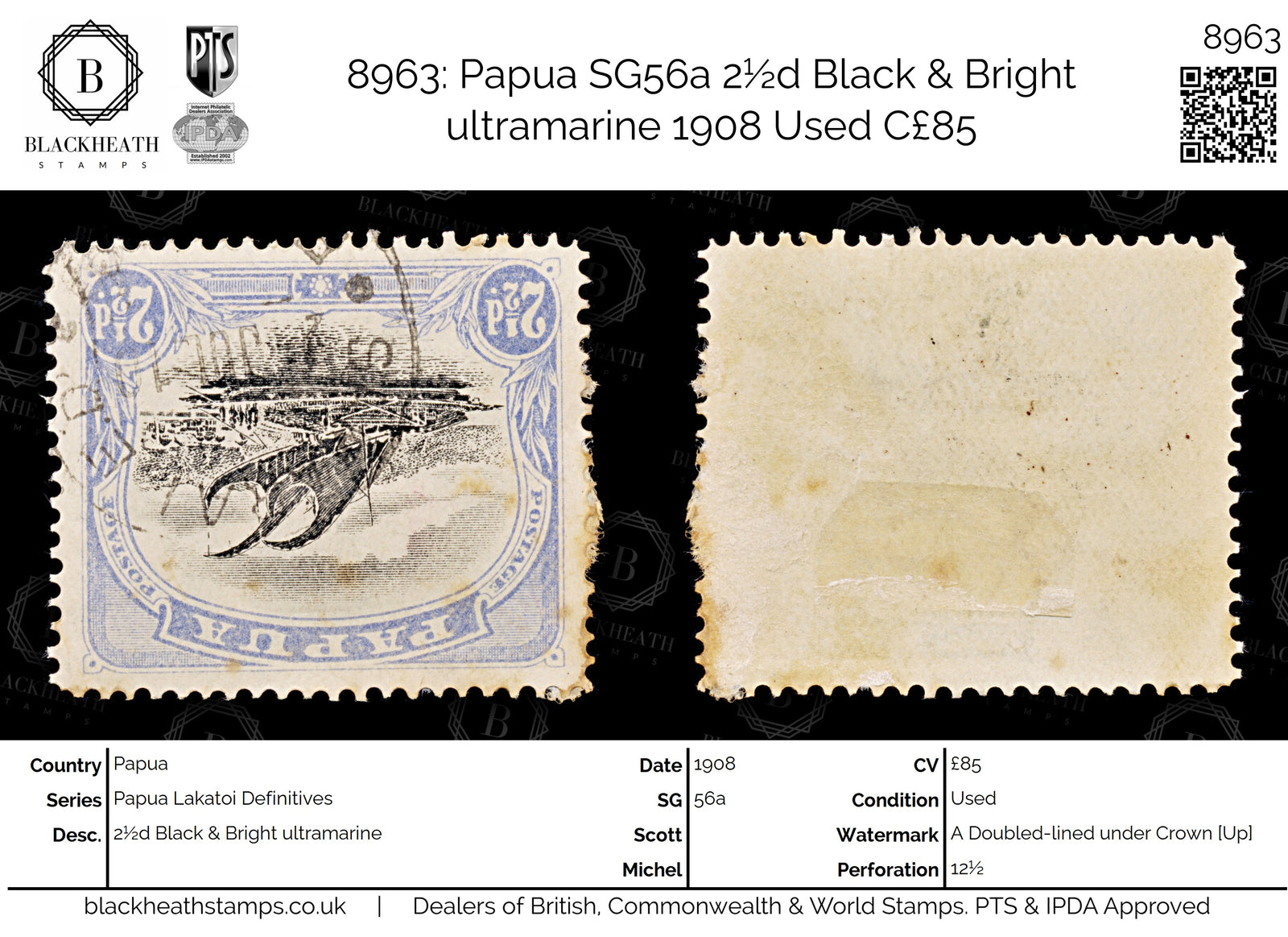 8963: Papua SG56a 2½d Black &  Bright ultramarine 1908 Used C£85