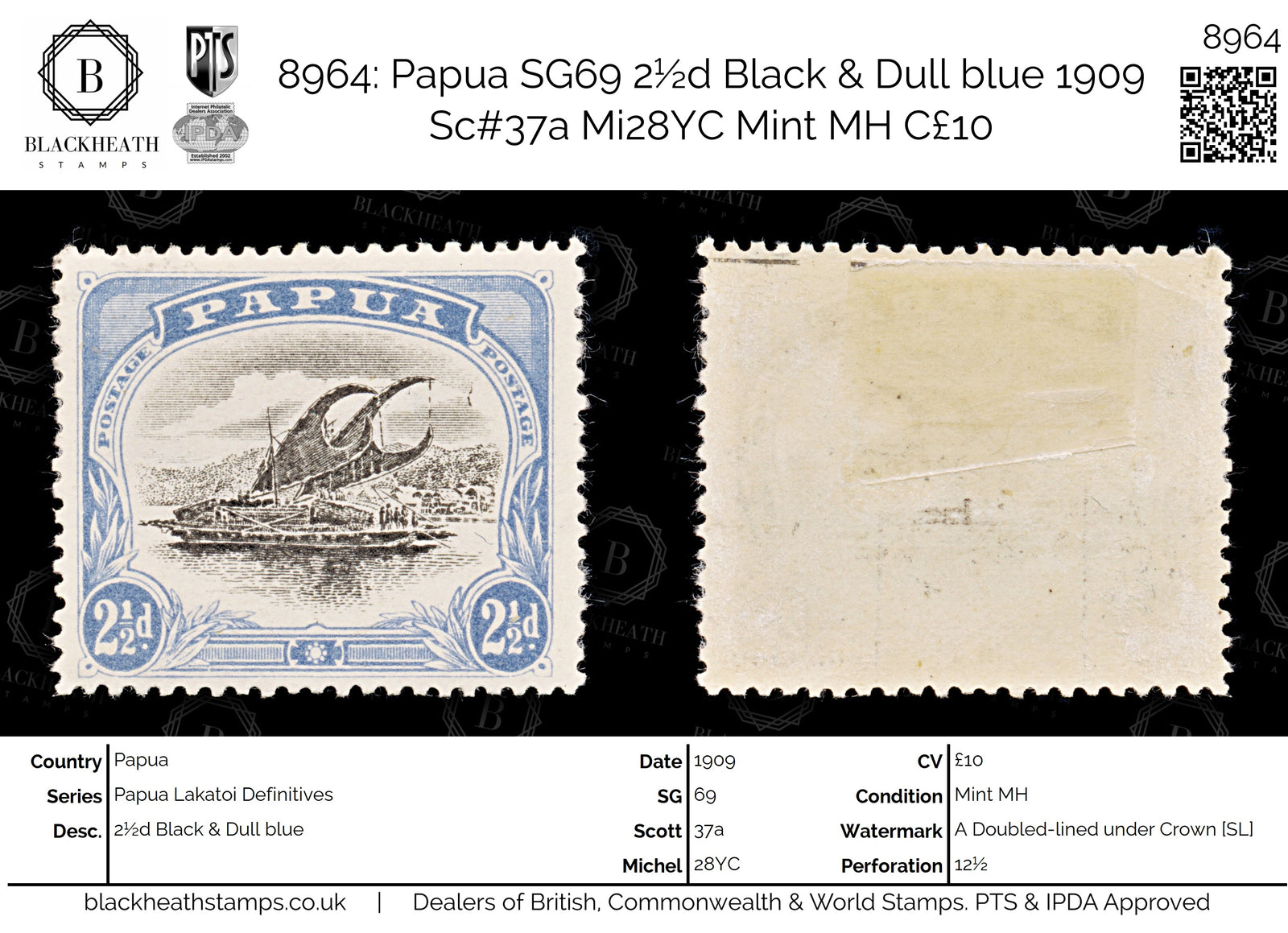 8964: Papua SG69 2½d Black &  Dull blue 1909 Sc#37a Mi28YC Mint MH C£10