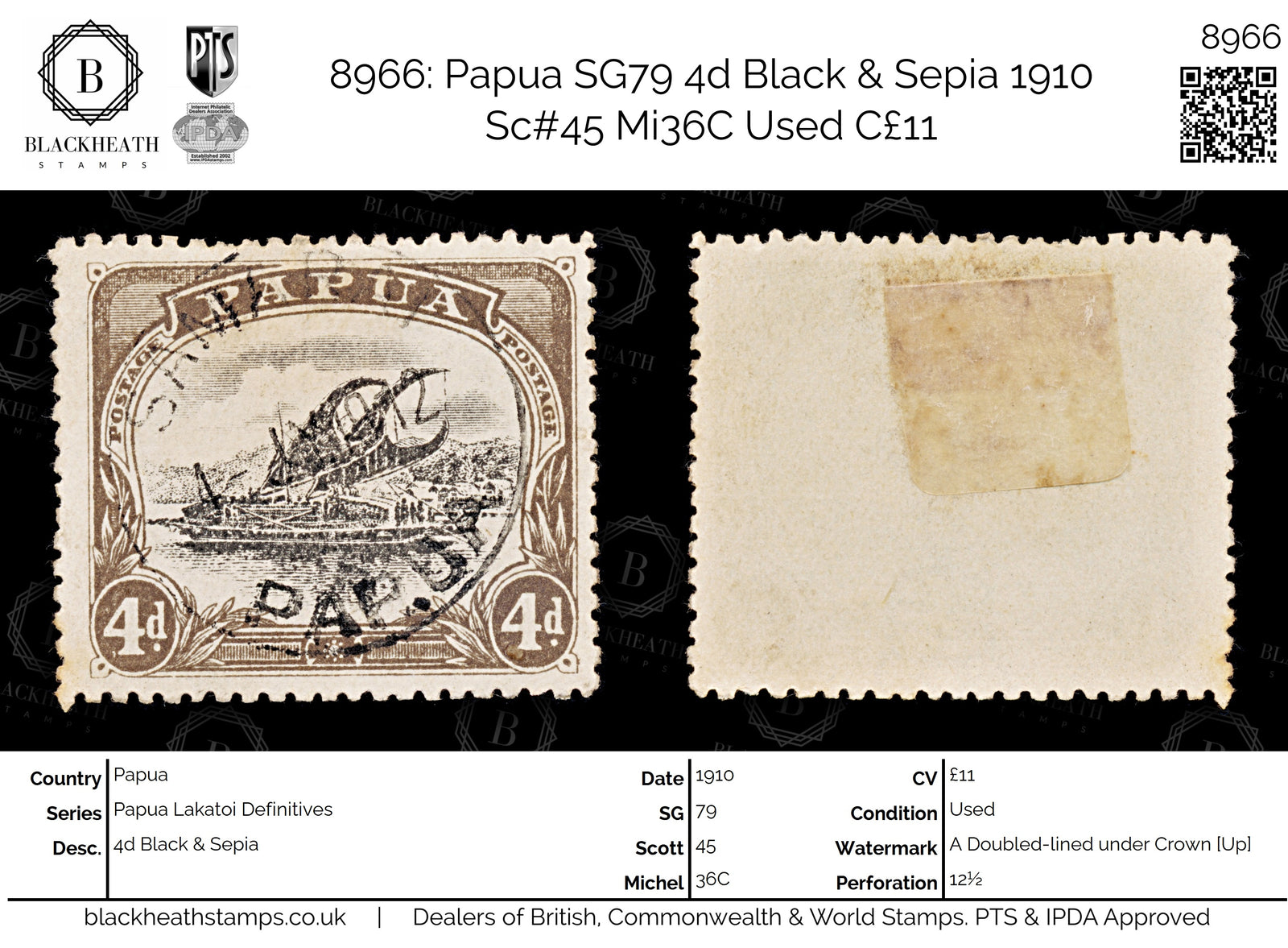 8966: Papua SG79 4d Black &  Sepia 1910 Sc#45 Mi36C Used C£11
